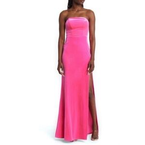 next Strapless Bright Pink Velvet Evening Dress with Side Slit